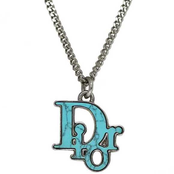 Christian Dior Long Necklace Silver Light Blue Trotter f-20770 Metal 24mm Big St - Picture 1 of 10
